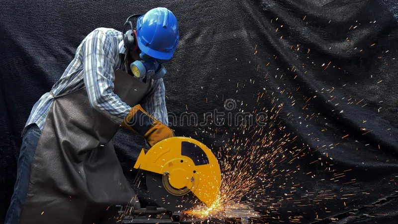 metalworker wearing full safety gear uses yellow chop saw generating bright sparks cutting metal outdoor setting 396918386